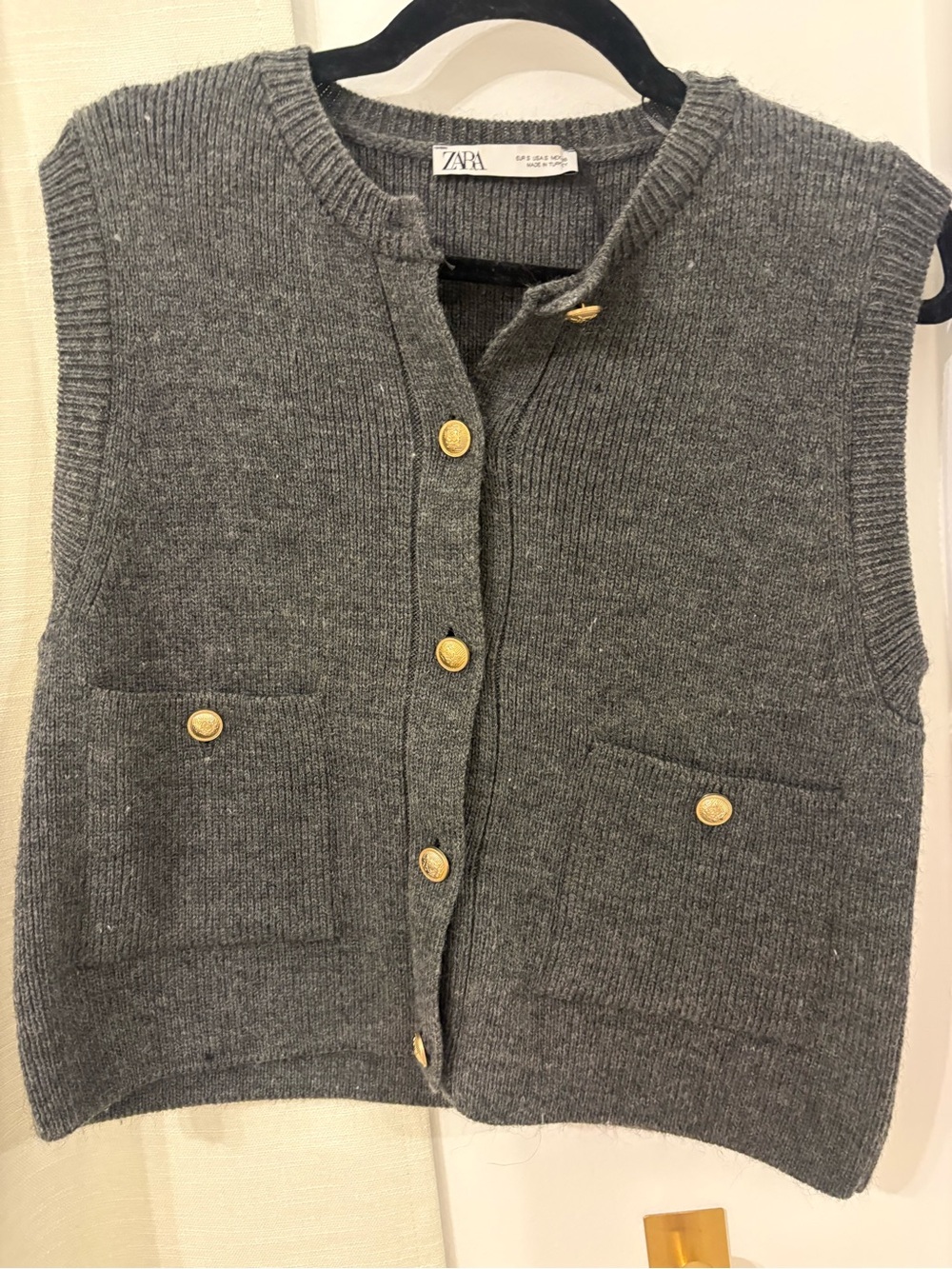ZARA Women's Gray Knit Button Vest with Gold Buttons